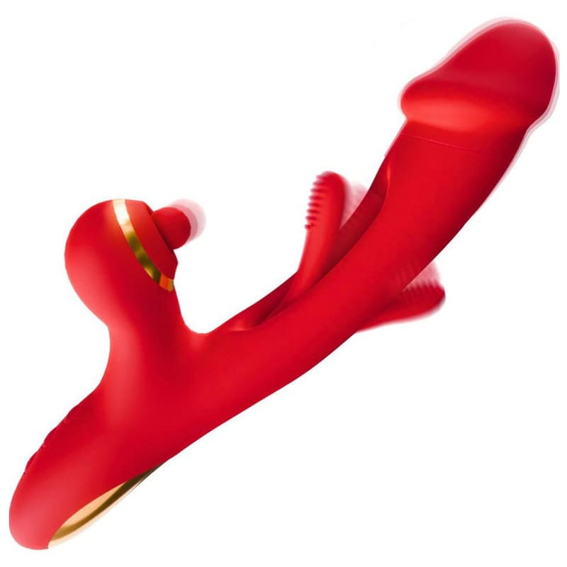 Vibrador rojo triple con forma de pene, estimulador clitorial y succionador.